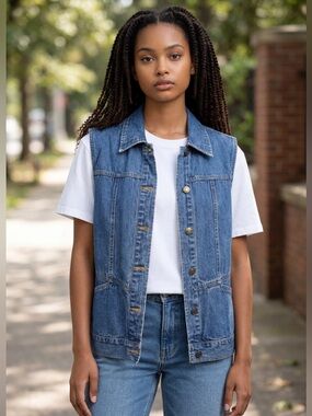 St. John’s Bay Vintage Indigo Denim Vest Small Button Front Cotton